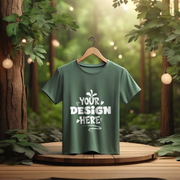 Free Green T-shirt Mockup With Forest Backgound