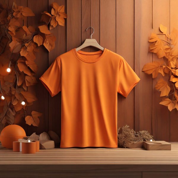 Free Orange T-shirt Mockup with Wooden Background - Image 3