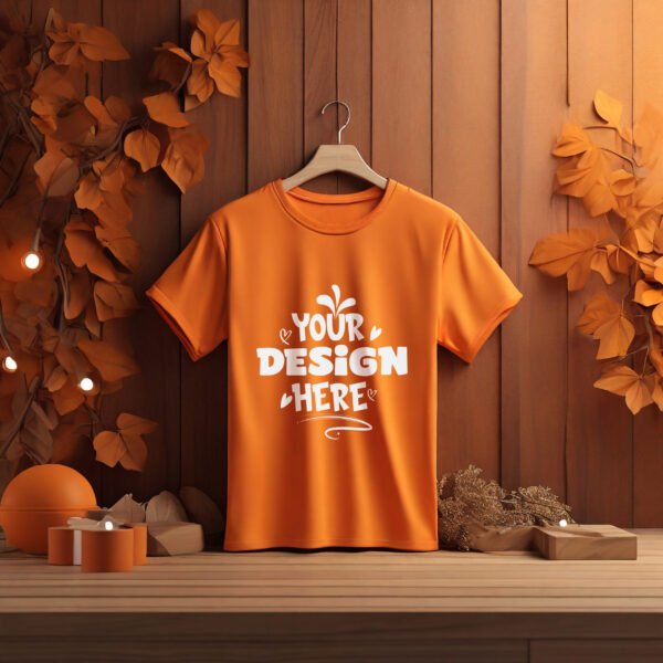 Free Orange T-shirt Mockup with Wooden Background
