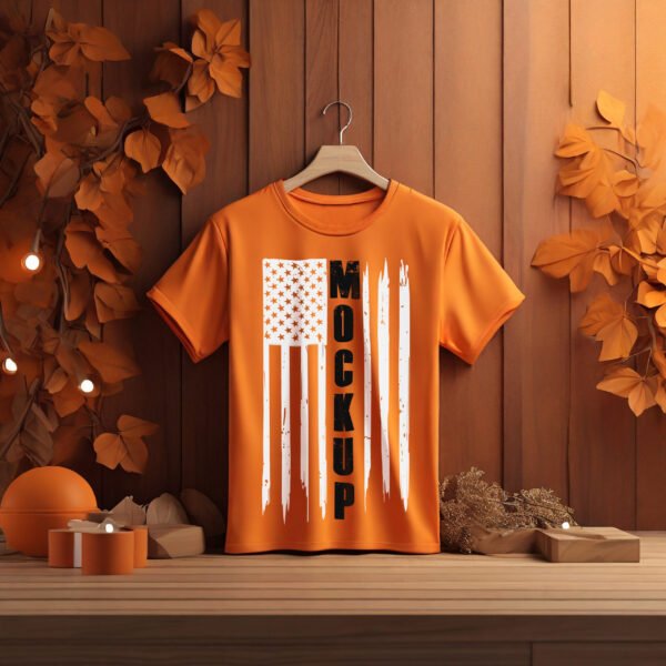 Free Orange T-shirt Mockup with Wooden Background - Image 2