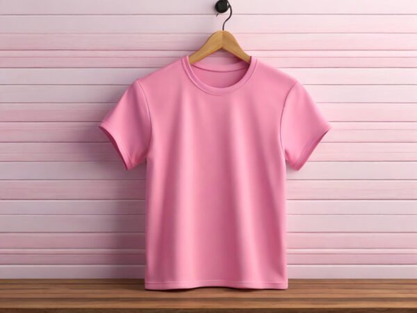 Free Pink T-shirt Mockup With Wooden Background - Image 3