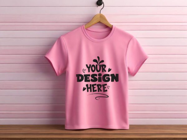 Free Pink T-shirt Mockup With Wooden Background