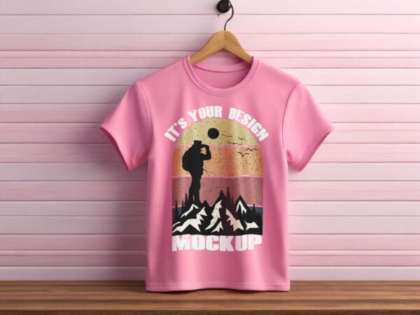 Free Pink T-shirt Mockup With Wooden Background - Image 2