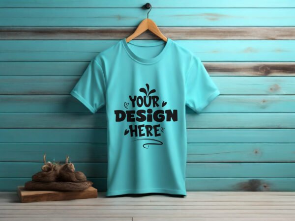 Free Turquoise T-shirt Mockup With Wooden Background