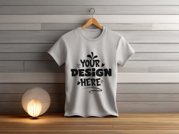 Free Soft-Gray T-shirt Mockup With Wooden Background