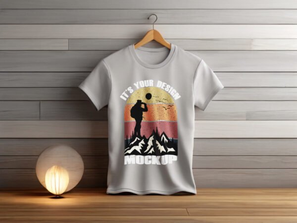 Free Soft-Gray T-shirt Mockup With Wooden Background - Image 2