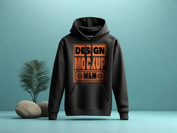 Black Hoodie mockup with blue wall background - Image 2