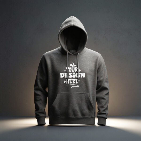 Dark gray hoodie mockup with gray wall background
