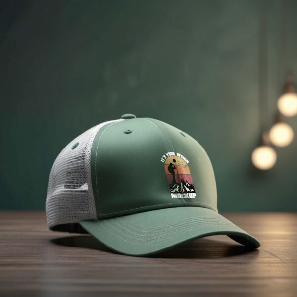 Green Trucker Hat mockup with clothing store background - Image 2