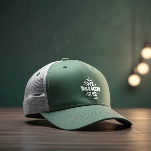 Green Trucker Hat mockup with clothing store background