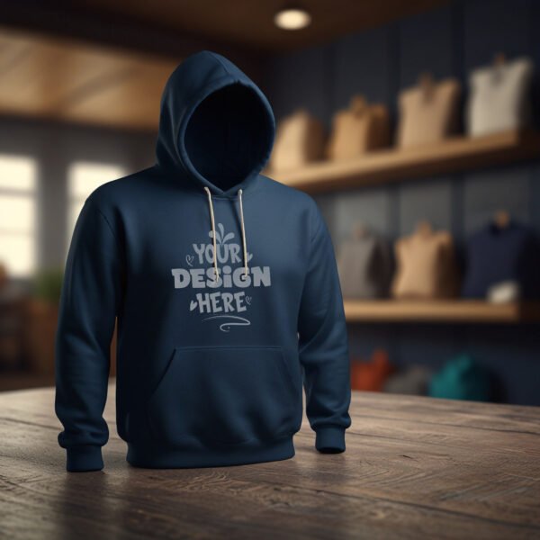 Navy Blue Hoodie mockup with clothing store background