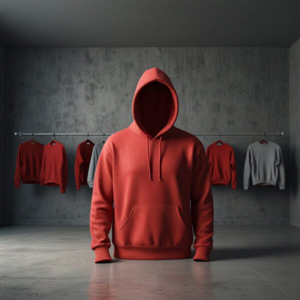 Red Hoodie mockup with clothing store background - Image 3