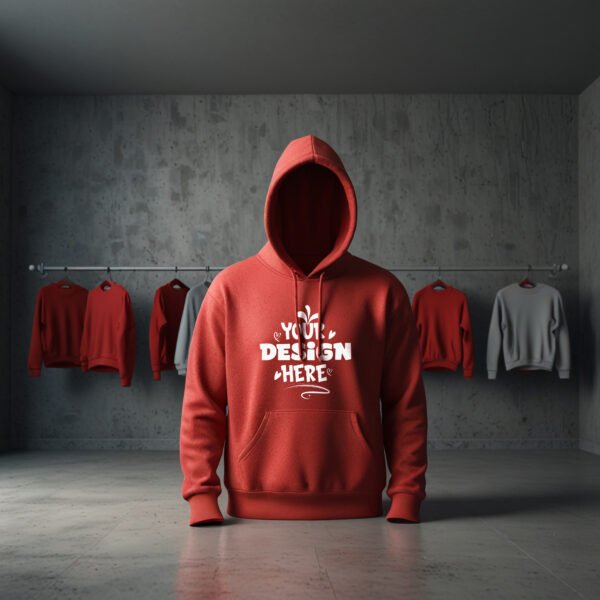 Red Hoodie mockup with clothing store background