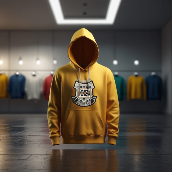 Yellow Hoodie Mockup with clothing store background - Image 2