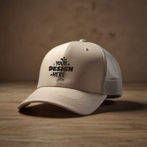 Beige trucker hat mockup with clothing store background