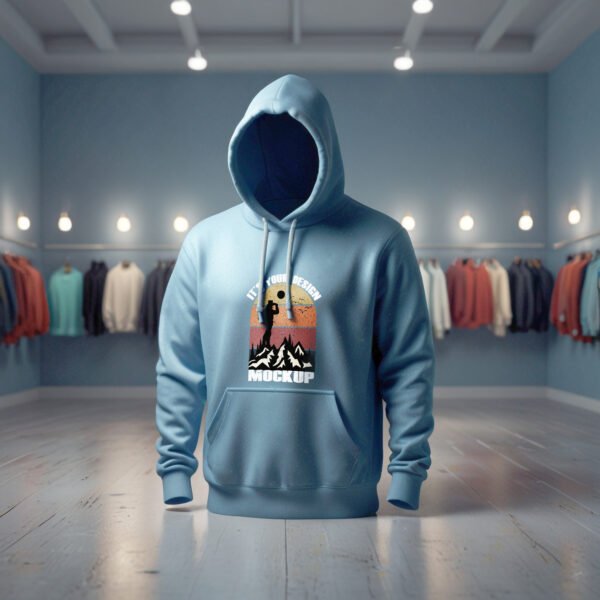Blue Hoodie mockup with clothing store background - Image 2