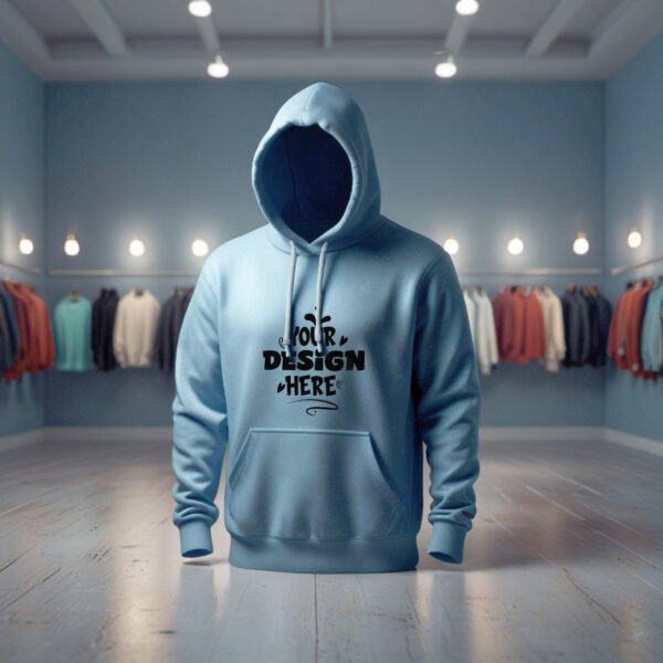 Blue Hoodie mockup with clothing store background