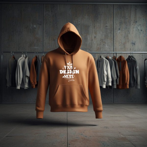 Brown Hoodie mockup with clothing store background