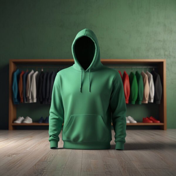 Green Hoodie mockup with clothing room background - Image 3