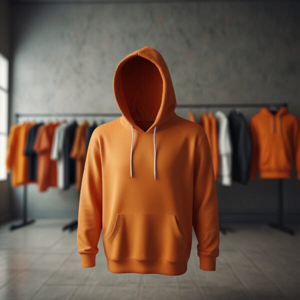 Orange Hoodie mockup with clothing store background - Image 3