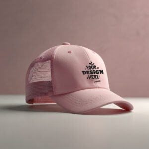 Pink trucker hat mockup with clothing store background